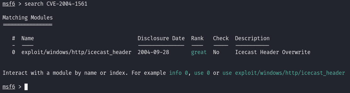 Metasploit Search Result